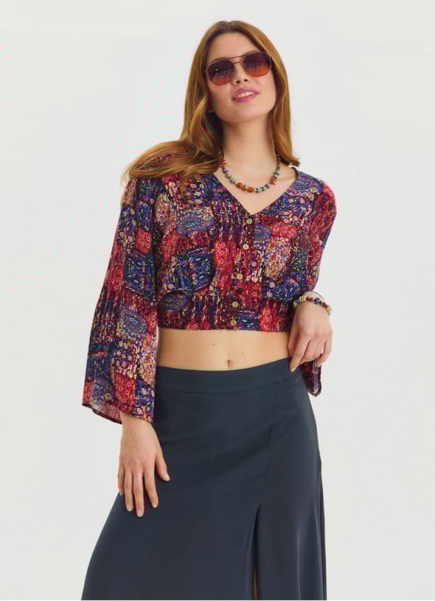 P V Neck Button Detailed Red Summer Blouse 4608